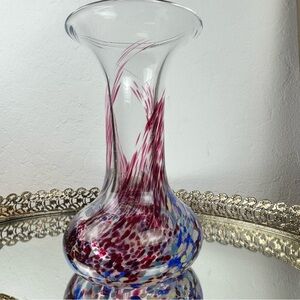 Vintage Hand Blown Art Glass Vase – Cranberry & Cobalt Swirl – 7” Tall
